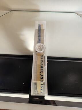 Vintage Chrysler Promotional Watch with Beige Strap and Blue Logo NEW IN BOX